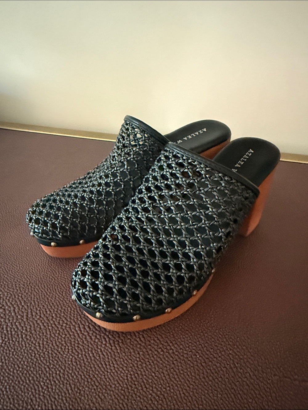 Azalea Wang Braided Black Mule Clogs with Wood-Effect Platform